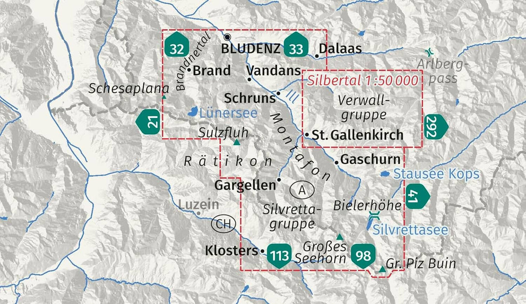 Carte de randonnée n° 032 - Montafon, Brandnertal, Gargellen, Bielerhöhe, Silvretta (Autriche) | Kompass carte pliée Kompass 
