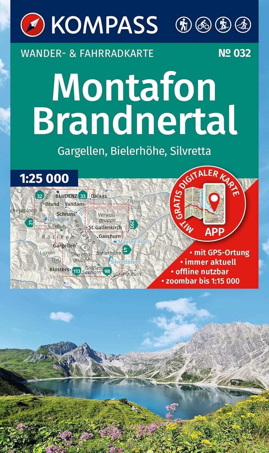 Carte de randonnée n° 032 - Montafon, Brandnertal, Gargellen, Bielerhöhe, Silvretta (Autriche) | Kompass carte pliée Kompass 