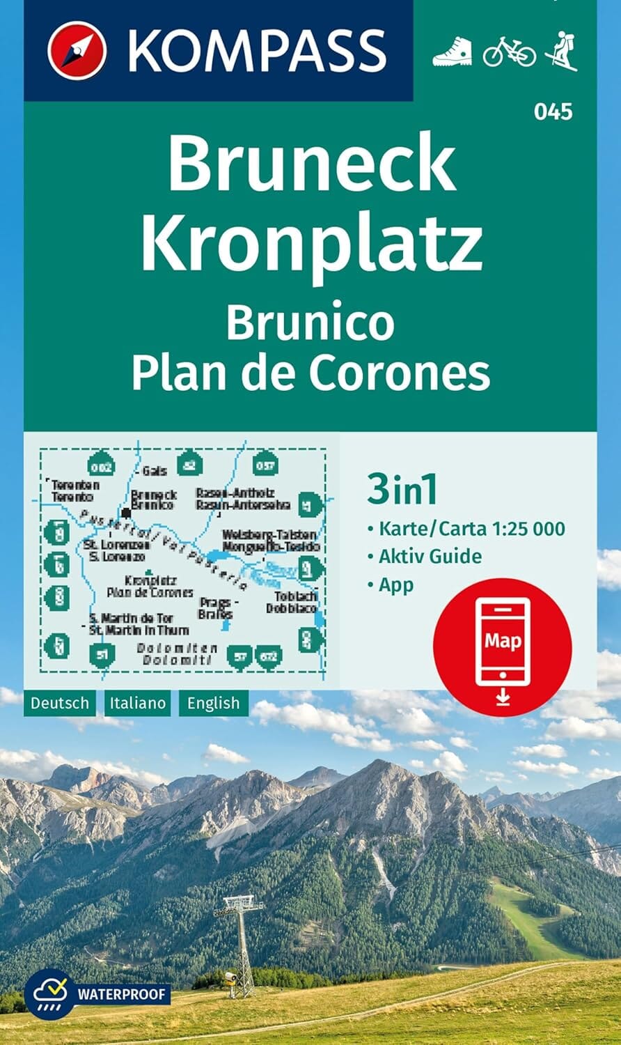 Carte de randonnée n° 045 - Bruneck, Kronplatz + Aktiv Guide (Italie) | Kompass carte pliée Kompass 