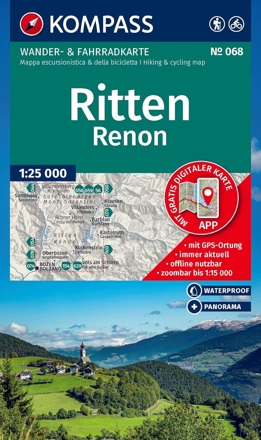 Carte de randonnée n° 068 - Ritten, Renon (Italie) | Kompass carte pliée Kompass 