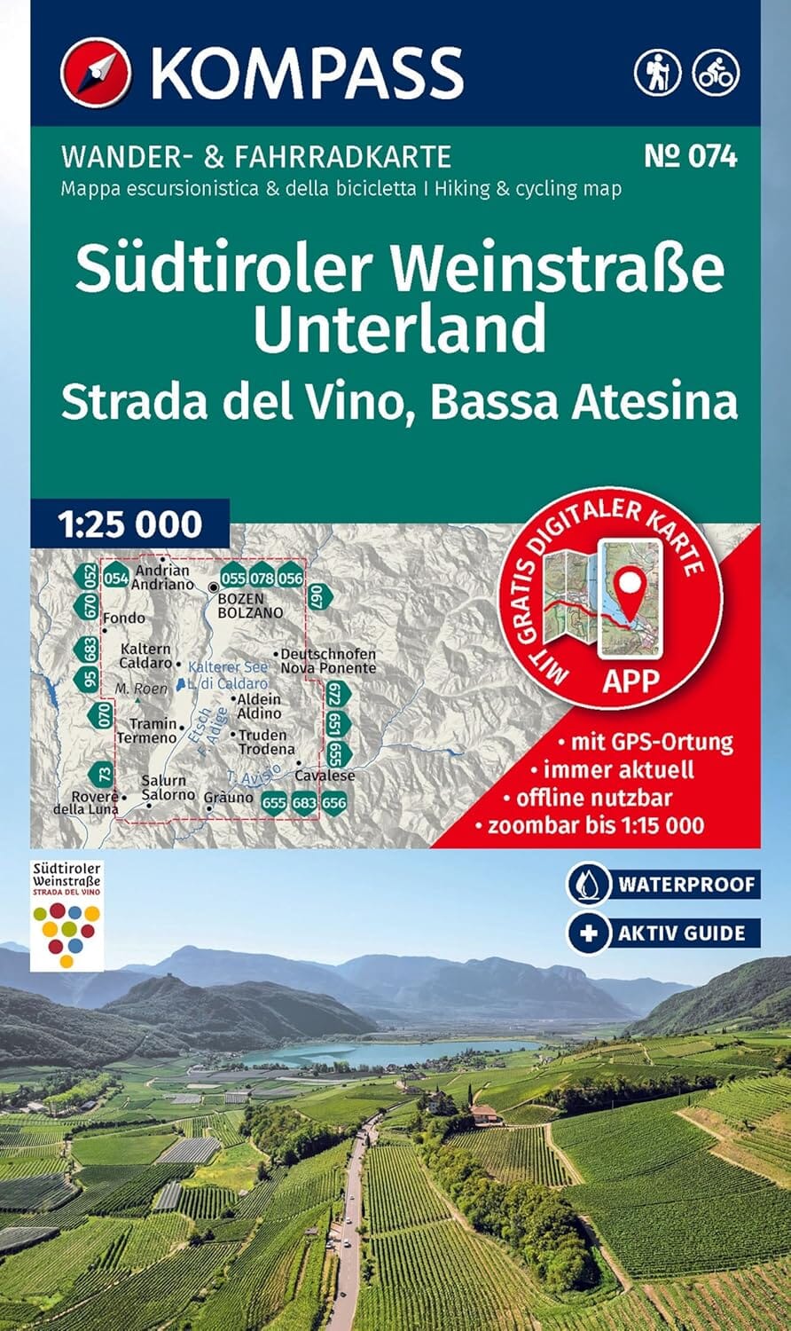 Carte de randonnée n° 074 - Route des vins du Sud-Tyrol (Italie) | Kompass carte pliée Kompass 