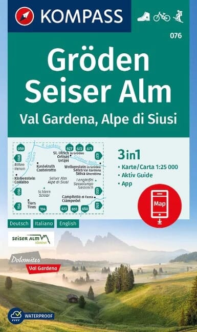 Carte de randonnée n° 076 - Gröden, Seiser Alm/ Val Gardena-Alpe di Siusi (Italie) | Kompass carte pliée Kompass 