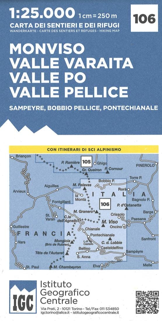 Carte de randonnée n° 106 - Monviso, Sampeyre, Bobbio Pellice, Valle Varaita, Valle Po, Valle Pellice (1/25 000) | Istituto Geografico Centrale carte pliée Istituto Geografico Centrale 