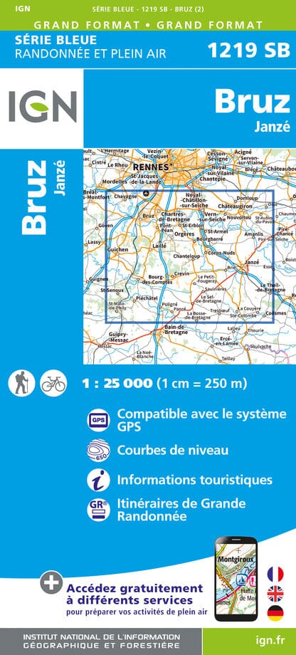 Carte de randonnée n° 1219 - Bruz, Janzé | IGN - Série Bleue carte pliée IGN 