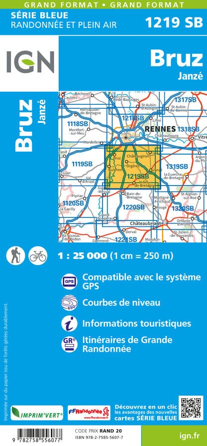 Carte de randonnée n° 1219 - Bruz, Janzé | IGN - Série Bleue carte pliée IGN 