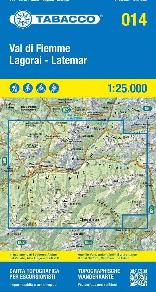 Carte de randonnée n° 14 - Vallée de Fiemme et chaînes de Lagorai et de Latemar (Dolomites, Italie) | Tabacco carte pliée Tabacco 