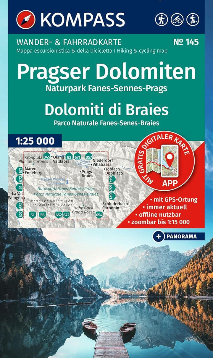Carte de randonnée n° 145 – Parc naturel Fanes-Sennes-Braies / Pragser Dolomiten / Dolomiti di Braies | Kompass carte pliée Kompass 