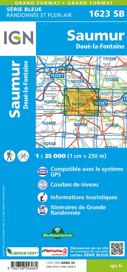 Carte de randonnée n° 1623 - Saumur, Doué-la-Fontaine | IGN - Série Bleue carte pliée IGN 