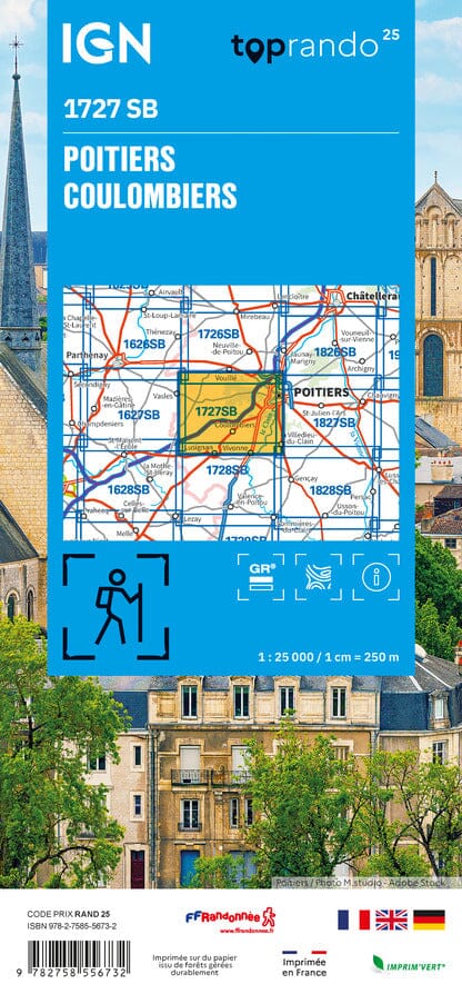Carte de randonnée n° 1727 - Poitiers, Coulombiers | IGN - Série Bleue carte pliée IGN 
