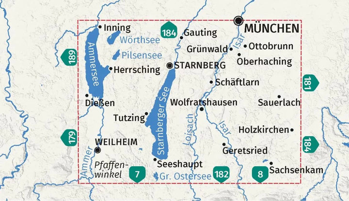 Carte de randonnée n° 180 - Lac de Starnberg, Lac Ammer (Bavière) | Kompass carte pliée Kompass 
