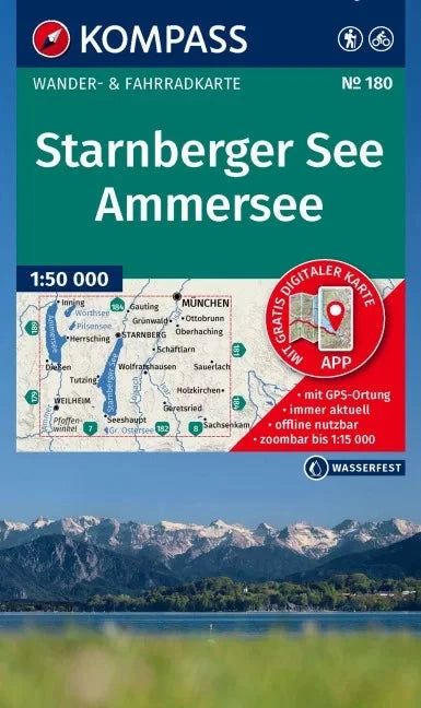 Carte de randonnée n° 180 - Lac de Starnberg, Lac Ammer (Bavière) | Kompass carte pliée Kompass 