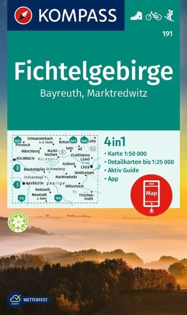 Carte de randonnée n° 191 - Fichtelgebirge, Bayreuth, Marktredwitz + Guide (Allemagne) | Kompass carte pliée Kompass 