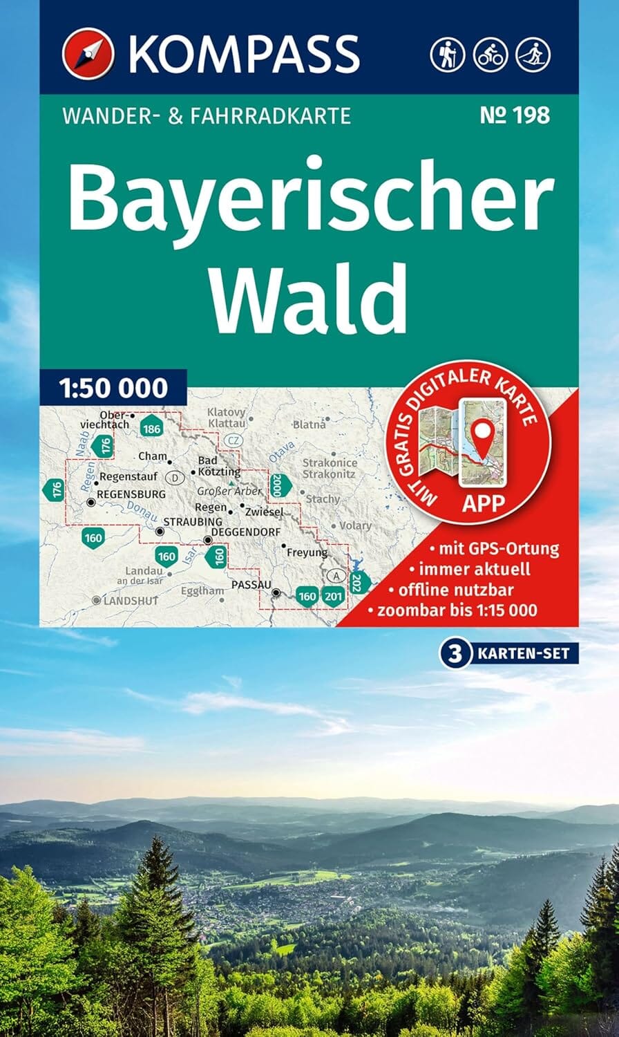 Carte de randonnée n° 198 - Forêt de Bavière (Allemagne) | Kompass carte de randonnée Kompass 