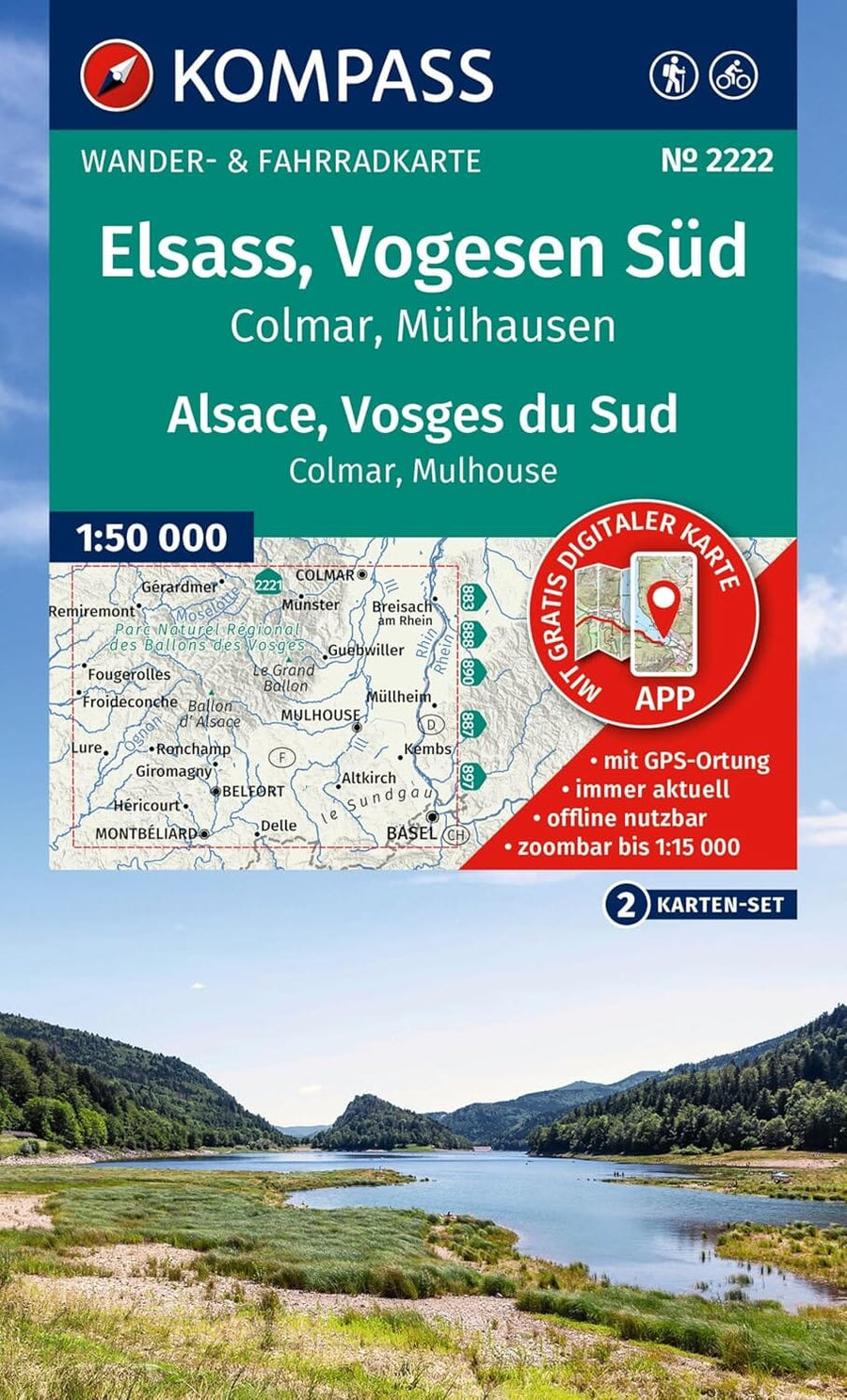 Carte de randonnée n° 2222 - Alsace, Vosges du Sud (Colmar, Mulhouse) | Kompass carte pliée Kompass 