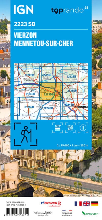 Carte de randonnée n° 2223- Vierzon, Mennetou-sur-Cher | IGN - Série Bleue carte pliée IGN 