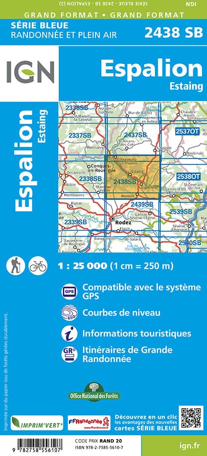 Carte de randonnée n° 2438 - Espalion, Estaing | IGN - Série Bleue carte pliée IGN 