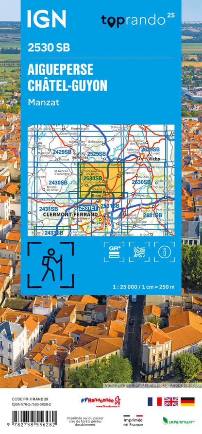 Carte de randonnée n° 2530 - Aigueperse, Châtel-Guyon, Manzat | IGN - Série Bleue carte pliée IGN 