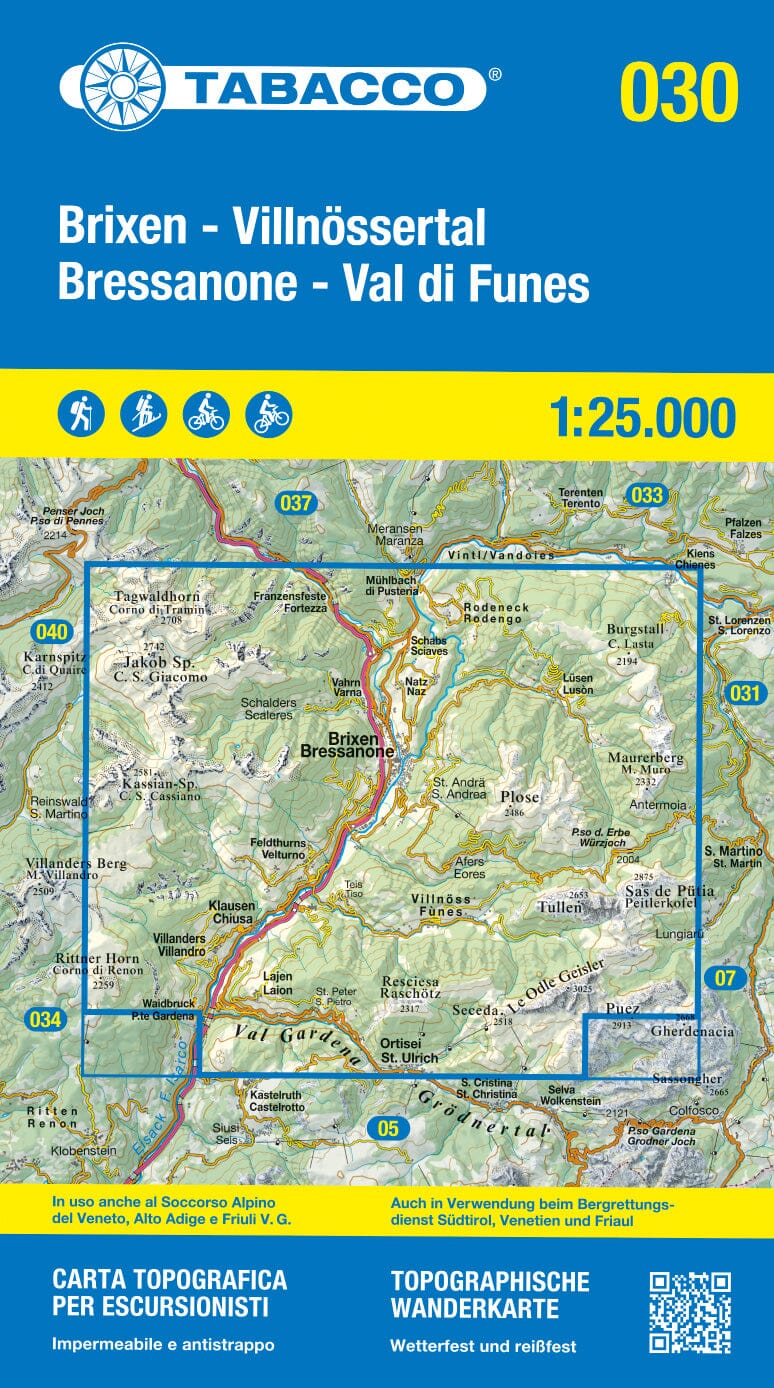 Carte de randonnée n° 30 - Bressanone & Val de Funes (italie) | Tabacco carte pliée Tabacco 