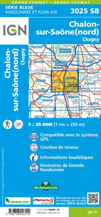 Carte de randonnée n° 3025 - Chalon-sur-Saône (Nord), Chagny | IGN - Série Bleue carte pliée IGN 