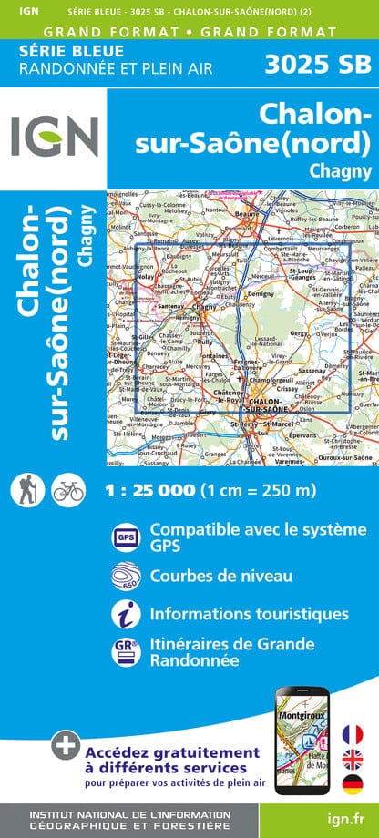 Carte de randonnée n° 3025 - Chalon-sur-Saône (Nord), Chagny | IGN - Série Bleue carte pliée IGN 