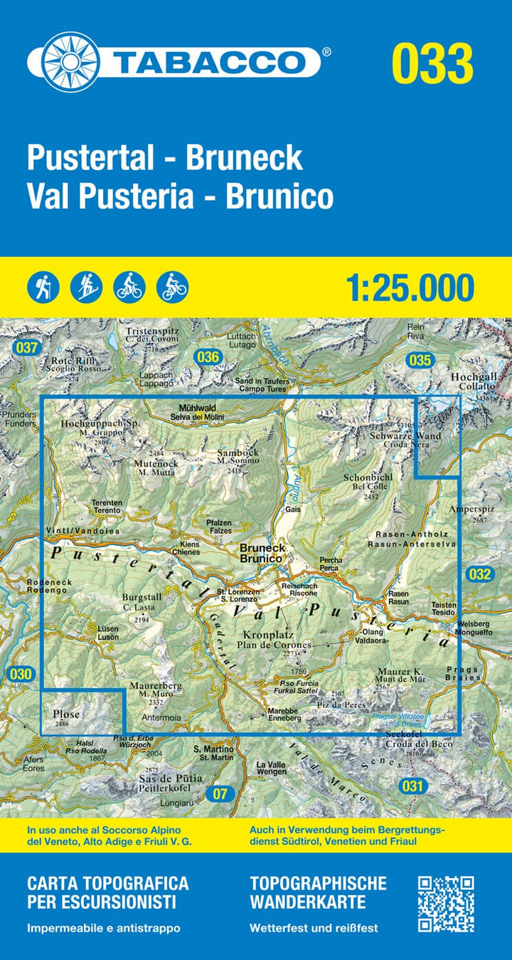 Carte de randonnée n° 33 - Val Pusteria et Brunico (Italie) | Tabacco carte pliée Tabacco 