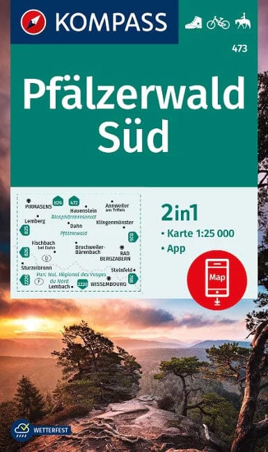 Carte de randonnée n° 473 - Forêt palatine Sud / Pfälzerwald Süd (Allemagne) | Kompass carte pliée Kompass 