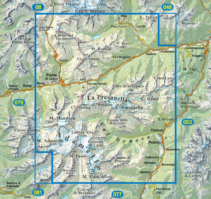 Carte de randonnée n° 52 - Massif d'Adamello-Presanella (Italie) | Tabacco carte pliée Tabacco 