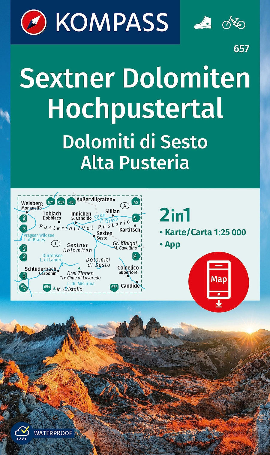 Carte de randonnée n° 657 - Sextner Dolomiten, Hochpustertal / Dolomiti di Sesto, Alta Pusteria (Italie) | Kompass carte pliée Kompass 