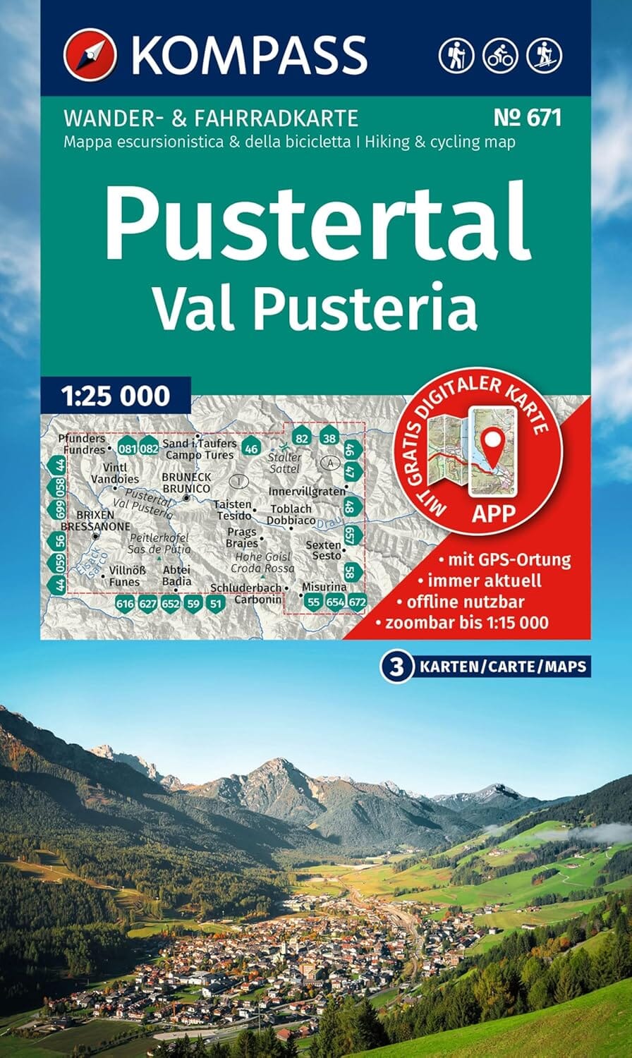 Carte de randonnée n° 671 - Pustertal / Val Pusteria (Italie) | Kompass carte pliée Kompass 