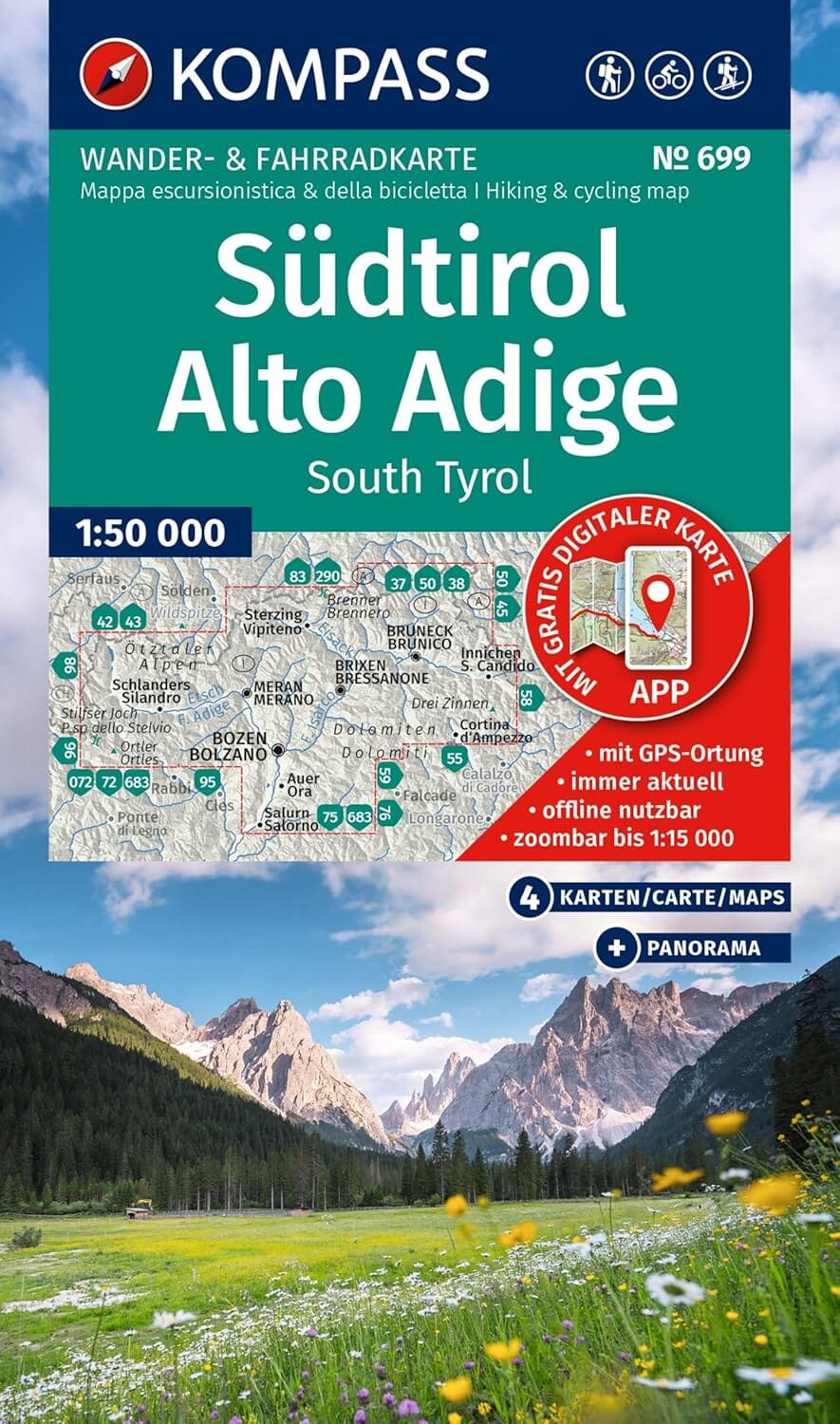 Carte de randonnée n° 699 - Südtirol, Alto Adige (Italie) - Lot de 4 cartes | Kompass carte pliée Kompass 