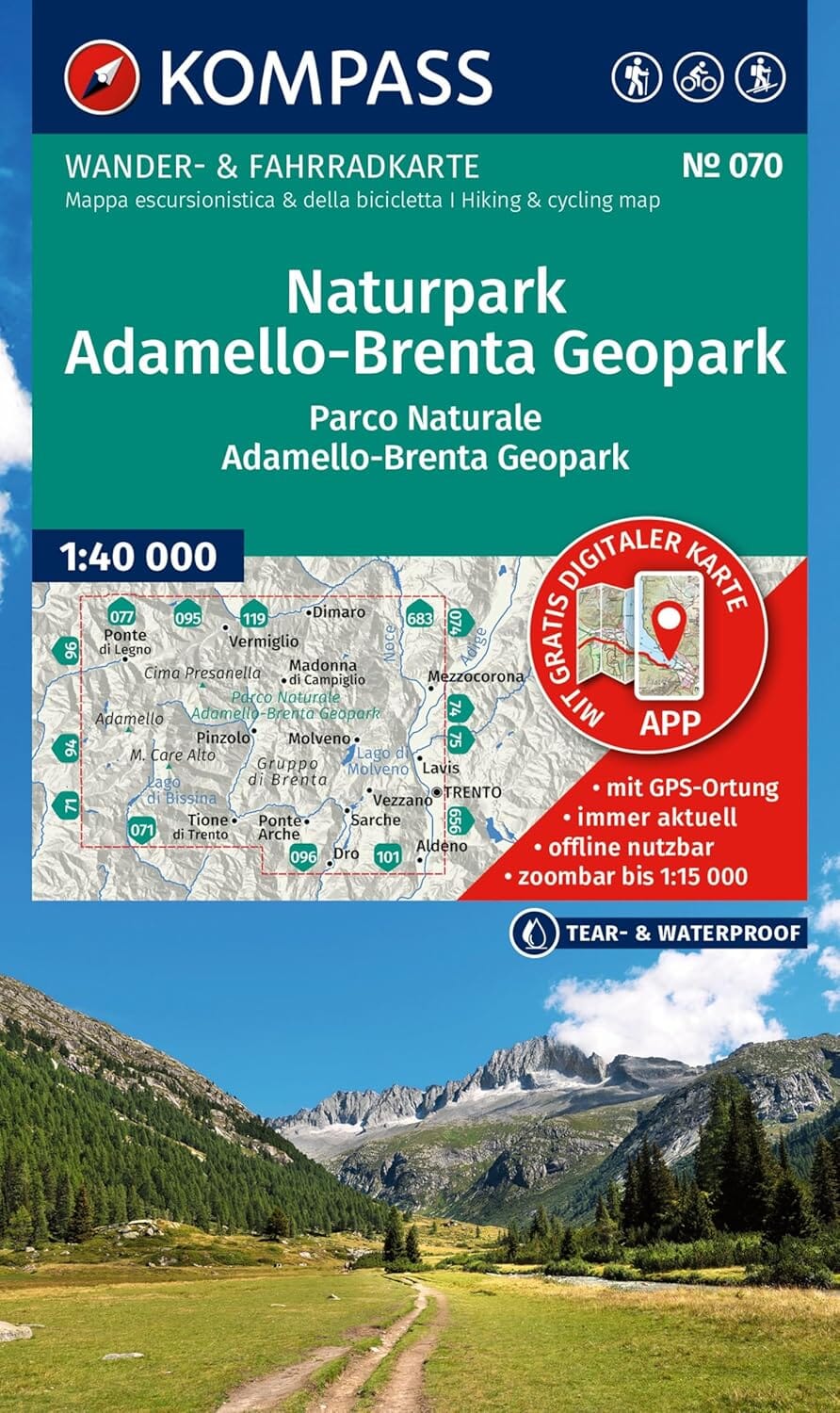 Carte de randonnée n° 70 - Parc naturel Adamello-Brenta Geopark (Trentin, Italie) | Kompass carte pliée Kompass 