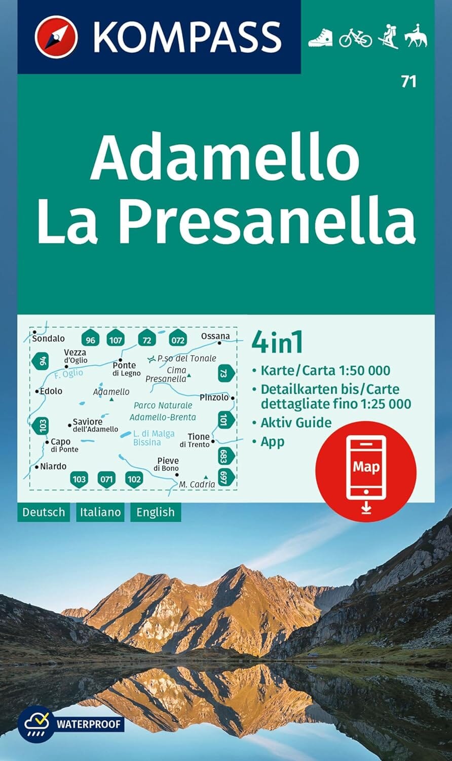 Carte de randonnée n° 71 - Adamello, La Presanella (Italie) | Kompass carte pliée Kompass 