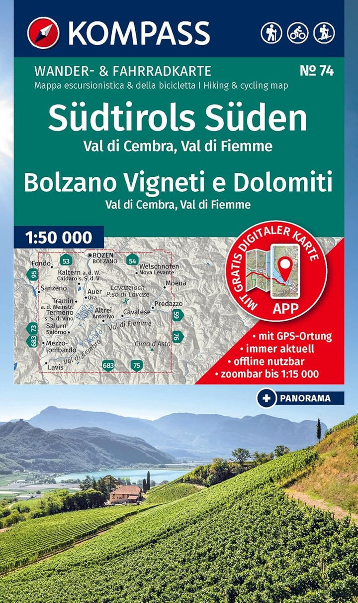 Carte de randonnée n° 74 - Sud Tyrol, Bolzano Vigneti et Dolomites (Italie) | Kompass carte pliée Kompass 