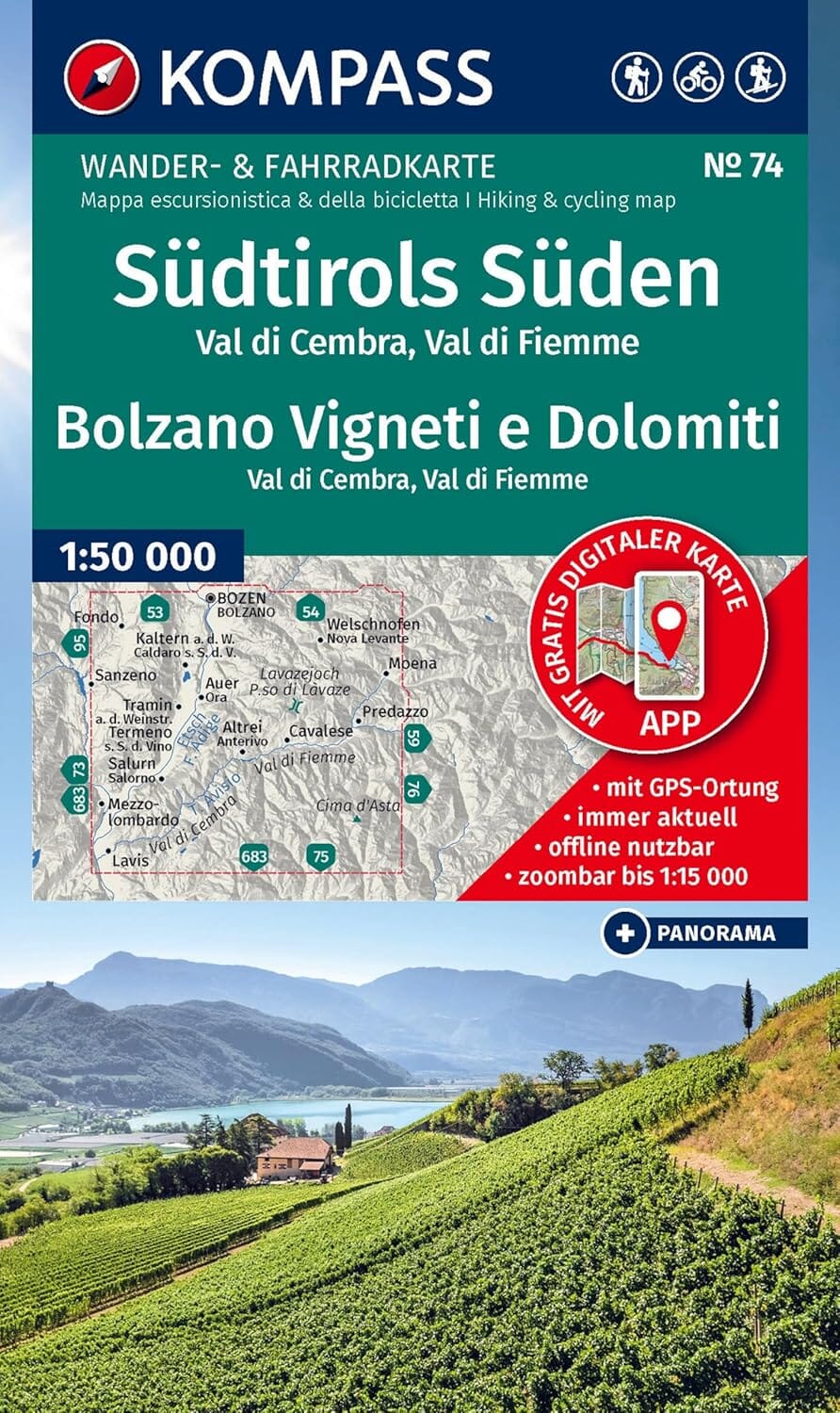 Carte de randonnée n° 74 - Sud Tyrol, Bolzano Vigneti et Dolomites (Italie) | Kompass carte pliée Kompass 