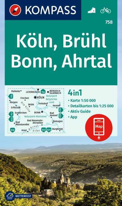 Carte de randonnée n° 758 - Köln, Brühl, Bonn, Ahrtal (Allemagne) | Kompass carte pliée Kompass 