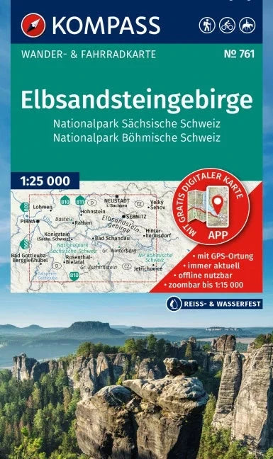 Carte de randonnée n° 761 - Elbsandsteingebirge (massif gréseux de l'Elbe), Parc National de la Suisse saxonne & Parc National de la Suisse bohémienne (Allemagne) | Kompass carte pliée Kompass 