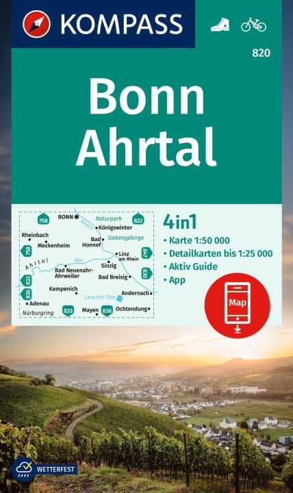 Carte de randonnée n° 820 - Bonn - Ahrtal (Allemagne) | Kompass carte pliée Kompass 