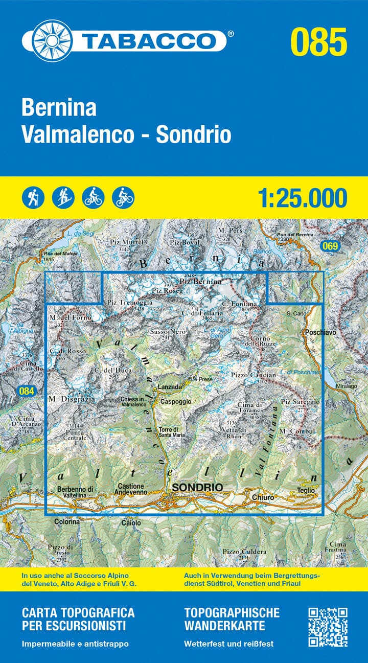 Carte de randonnée n° 85 - Bernina, Valmalenco, Sondrio (Italie) | Tabacco carte pliée Tabacco 