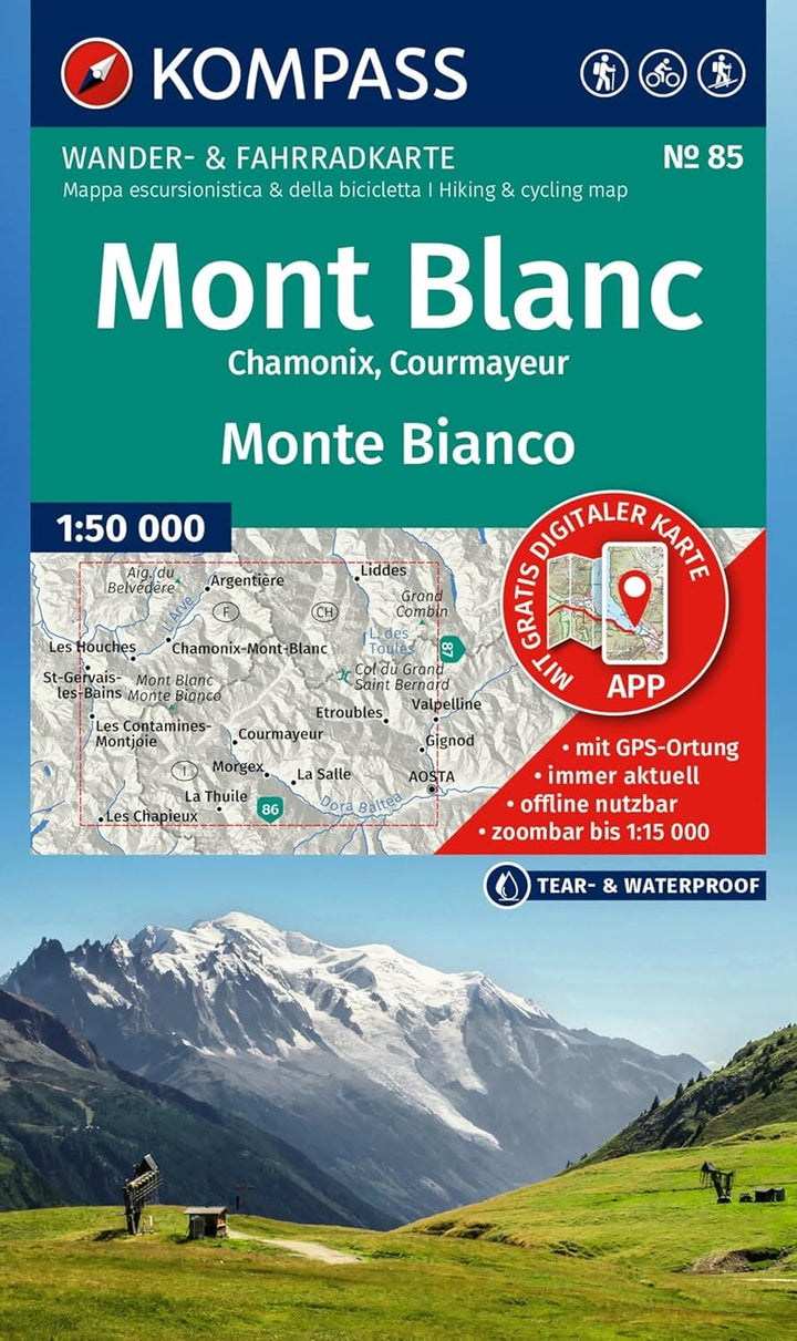 Carte de randonnée n° 85 - Mont Blanc, Chamonix, Courmayeur | Kompass carte pliée Kompass 
