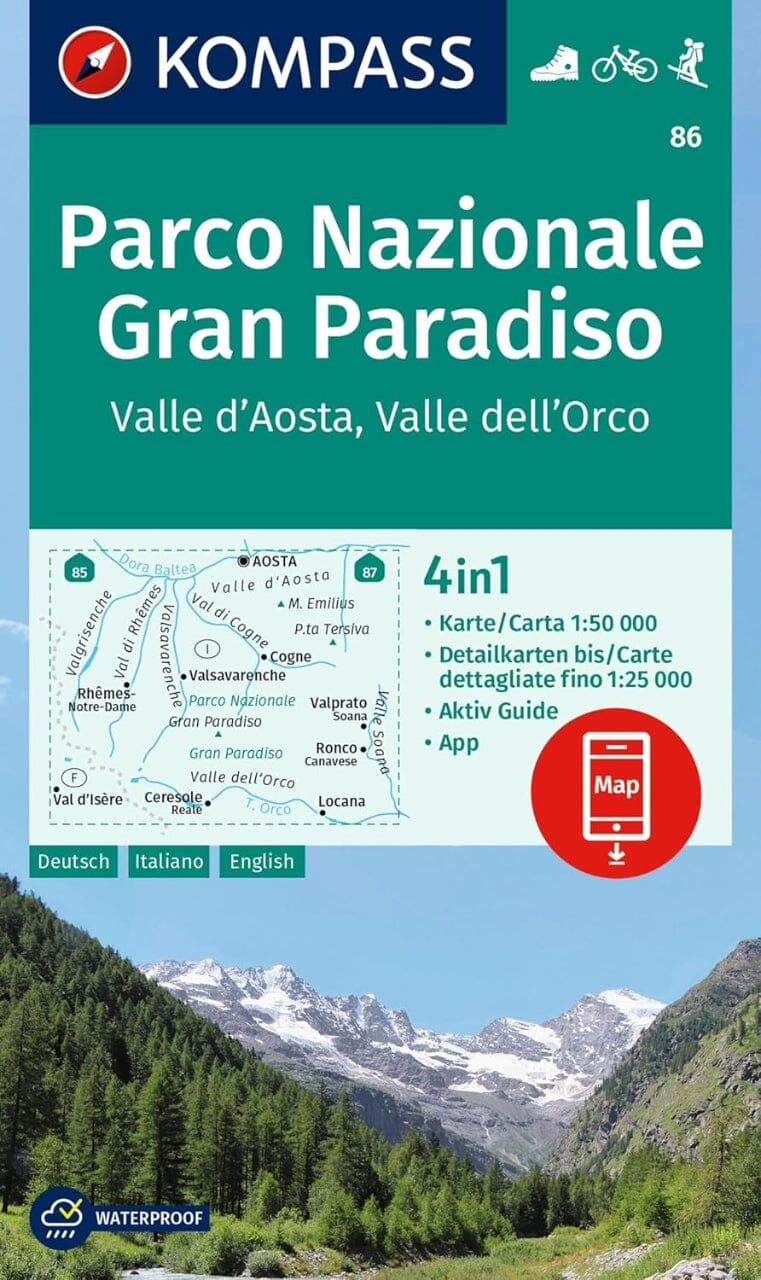 Carte de randonnée n° 86 - Parc national du Grand Paradis, Vallée d'Aosta et d'Orco (Italie) | Kompass carte pliée Kompass 