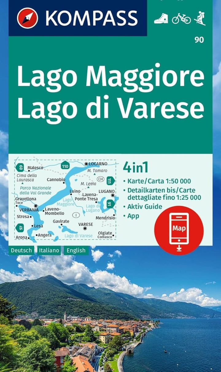 Carte de randonnée n° 90 - Lac Majeur & lac de Varèse | Kompass carte pliée Kompass 