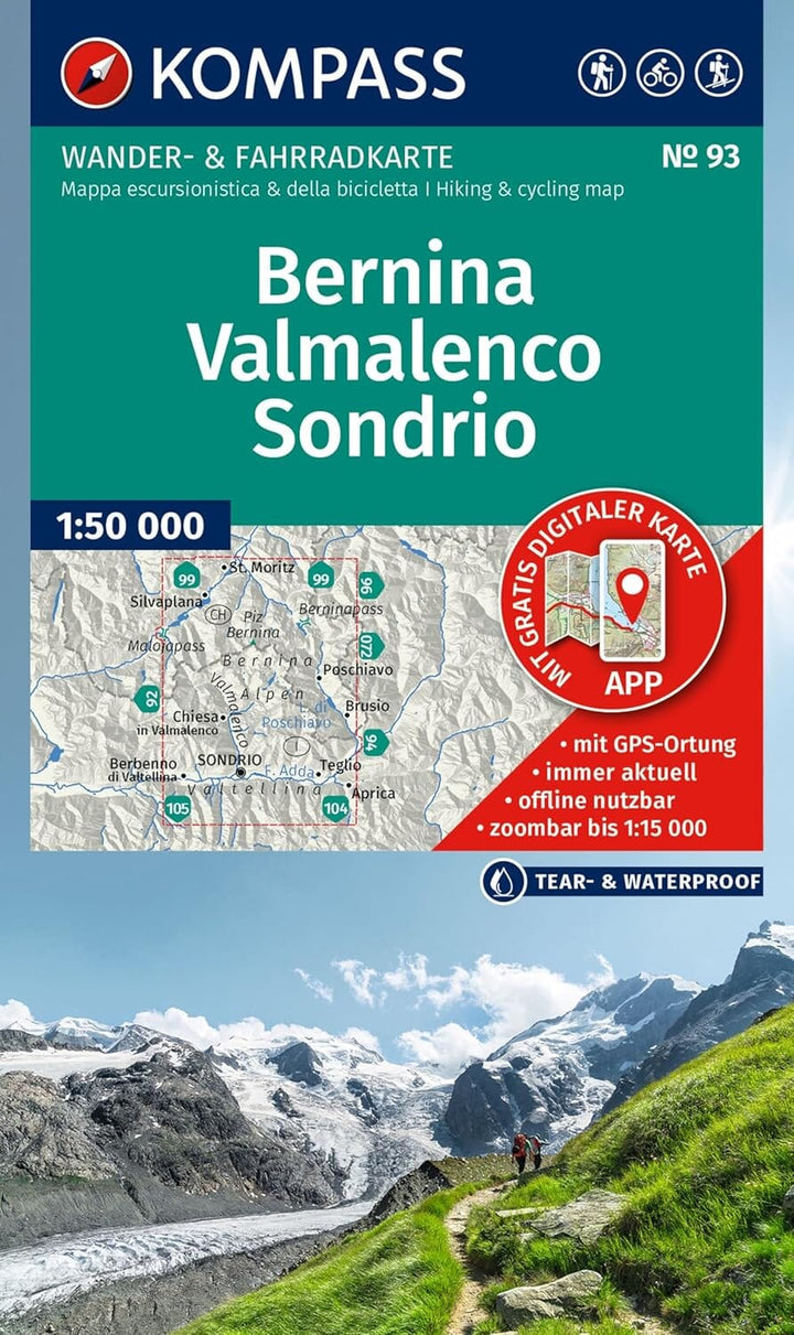 Carte de randonnée n° 93 - Bernina, Valmalenco, Sondrio (Italie, Suisse) | Kompass carte pliée Kompass 