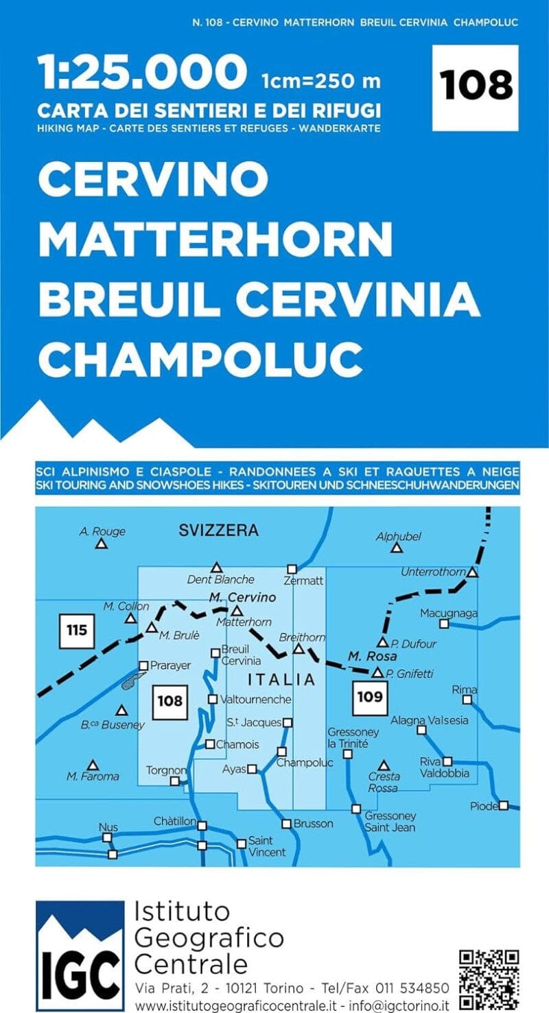 Carte de trekking n° 108 - Cervino Matterhorn, Breuil Cervina, Champoluc - 1:25,000 | Istituto Geografico Centrale carte pliée Istituto Geografico Centrale 