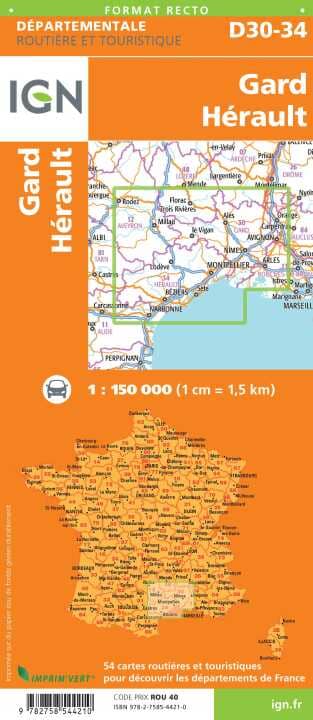 Carte départementale D30 / D34 - Gard, Hérault | IGN carte de voyage IGN 