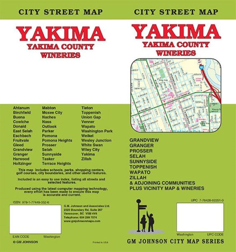 Carte des rues - Yakima, Comté de Yakima, vignobles | GM Johnson carte pliée GM Johnson 