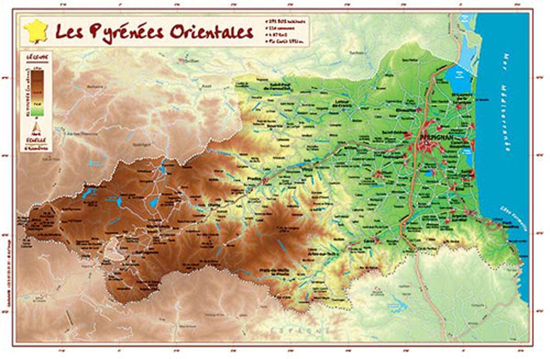 Carte en relief petit format - Pyrénées- Orientales - 21,3 X 31 cm carte relief petit format Reliefs Editions 