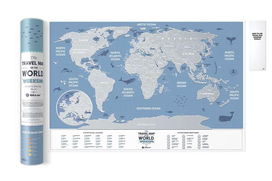 Carte murale à gratter petit format (en anglais) - The travel map of the World, édition Week-end (60 x 40 cm) | 1DEA.me carte murale roulée (en tube) 1DEA.ME 