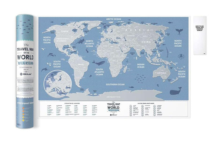 Carte murale à gratter petit format (en anglais) - The travel map of the World, édition Week-end (60 x 40 cm) | 1DEA.me carte murale roulée (en tube) 1DEA.ME 