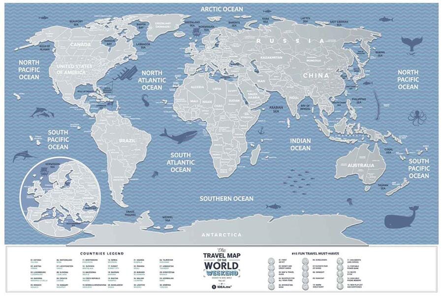 Carte murale à gratter petit format (en anglais) - The travel map of the World, édition Week-end (60 x 40 cm) | 1DEA.me carte murale roulée (en tube) 1DEA.ME 