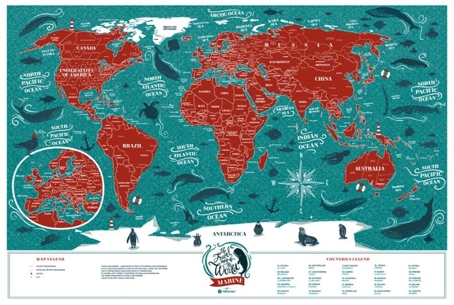 Carte murale à gratter petit format (en anglais) - Travel Map, édition Marine World (60 x 40 cm) | 1DEA.me carte murale roulée (en tube) 1DEA.ME 